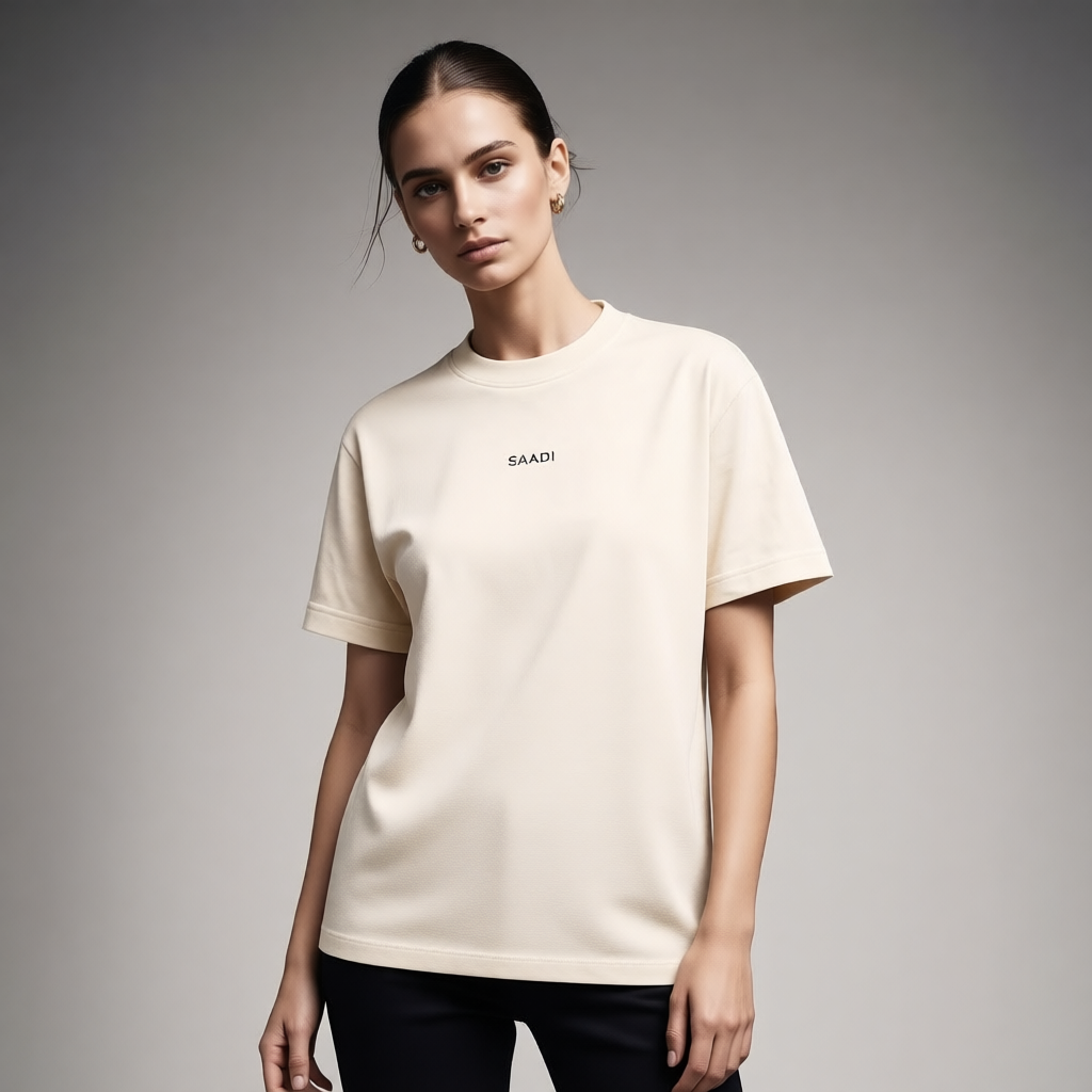 Person wearing a beige t-shirt with 'SAAB' logo on a gray background